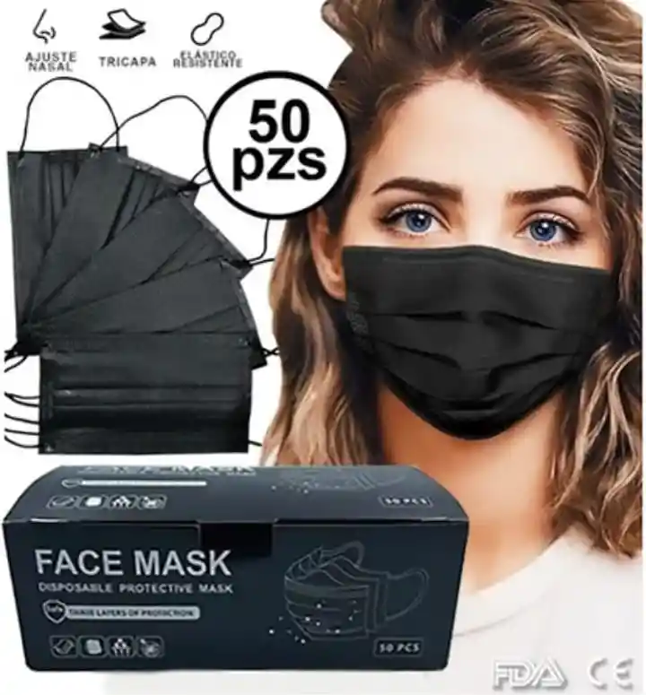 Mascarilla 3 Pliegue Negra -blanco Para Adultos X Caja 50und