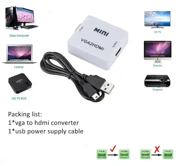 Adaptador Vga A Hdmi Hdtv Convertidor Vga Hembra A Hdmi Hembra Con Audio Jack 3.5 Cuadrado