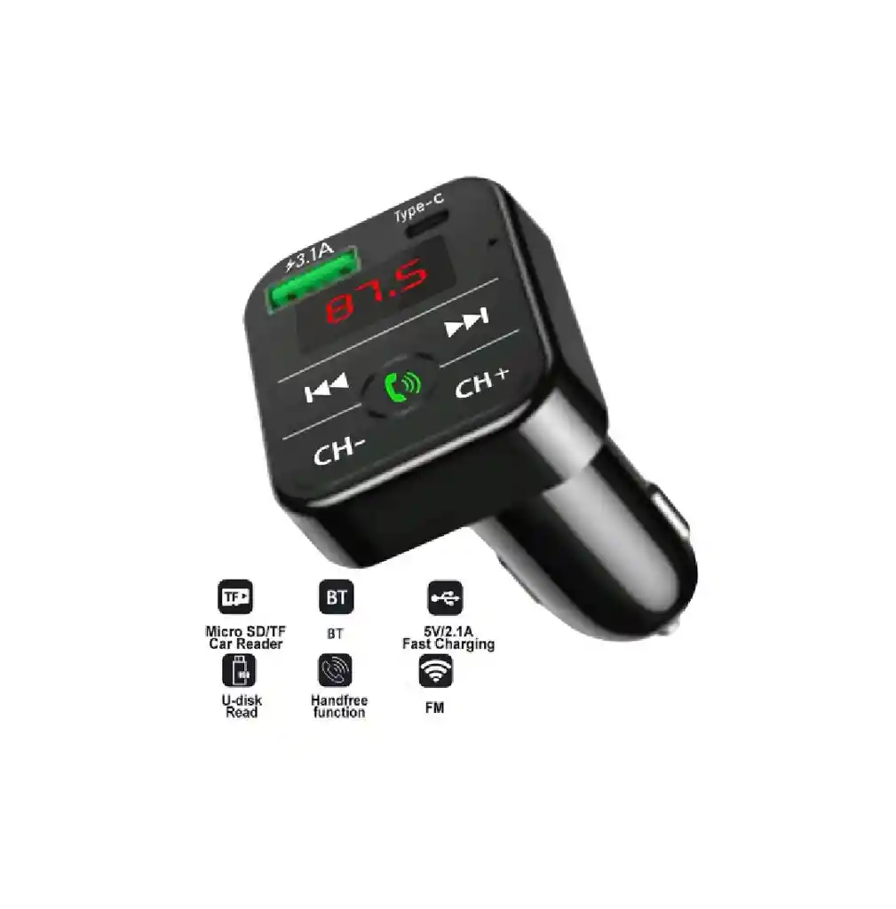 Adaptador Transmisor Bluetooth Fm Radio Cargador Tipo C Y Usb Celular 2,1a Encendedor Cenicero Manos Libres Tipo C