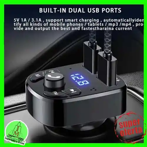 Adaptador Transmisor Bluetooth Fm Radio Cargador Tipo C Y Usb Celular 2,1a Encendedor Cenicero Manos Libres Tipo C