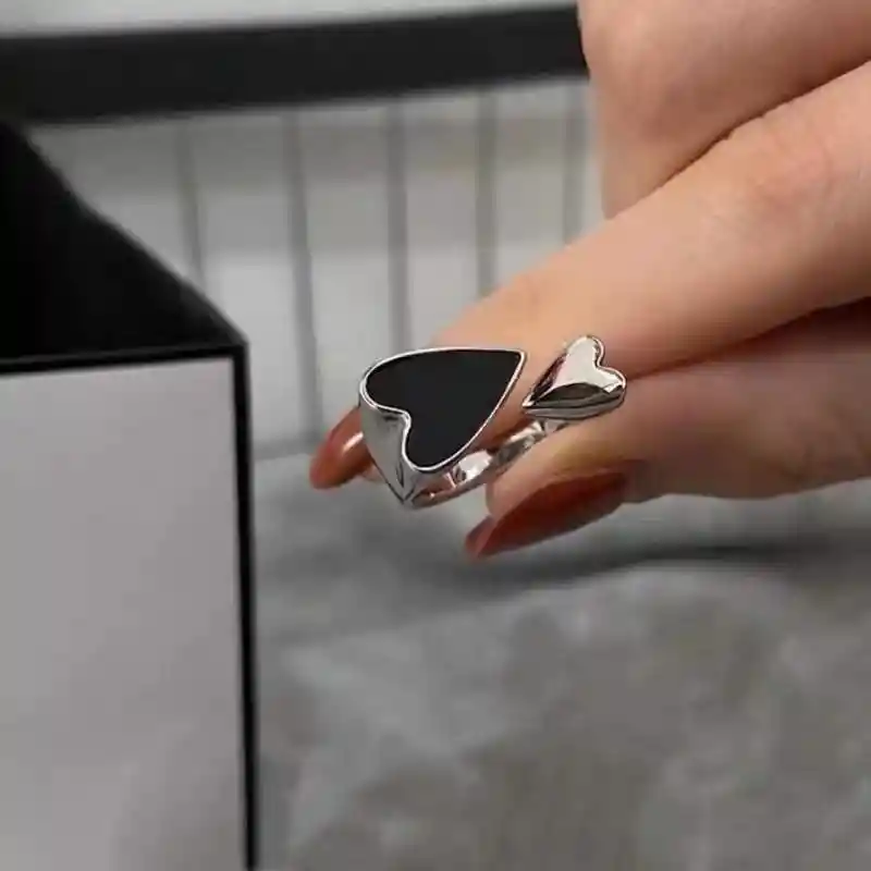 Anillo Pareja Compromiso Boda Novio Ilusiones Plata S925 Calidad Ajustable Corazon Negro