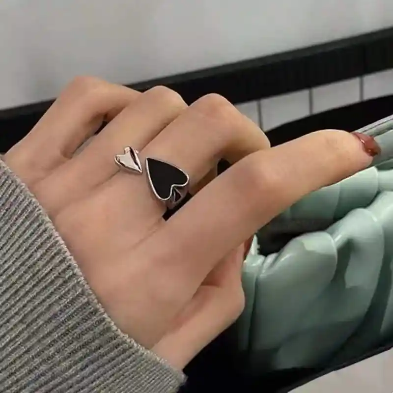 Anillo Pareja Compromiso Boda Novio Ilusiones Plata S925 Calidad Ajustable Corazon Negro