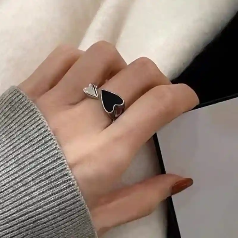 Anillo Pareja Compromiso Boda Novio Ilusiones Plata S925 Calidad Ajustable Corazon Negro