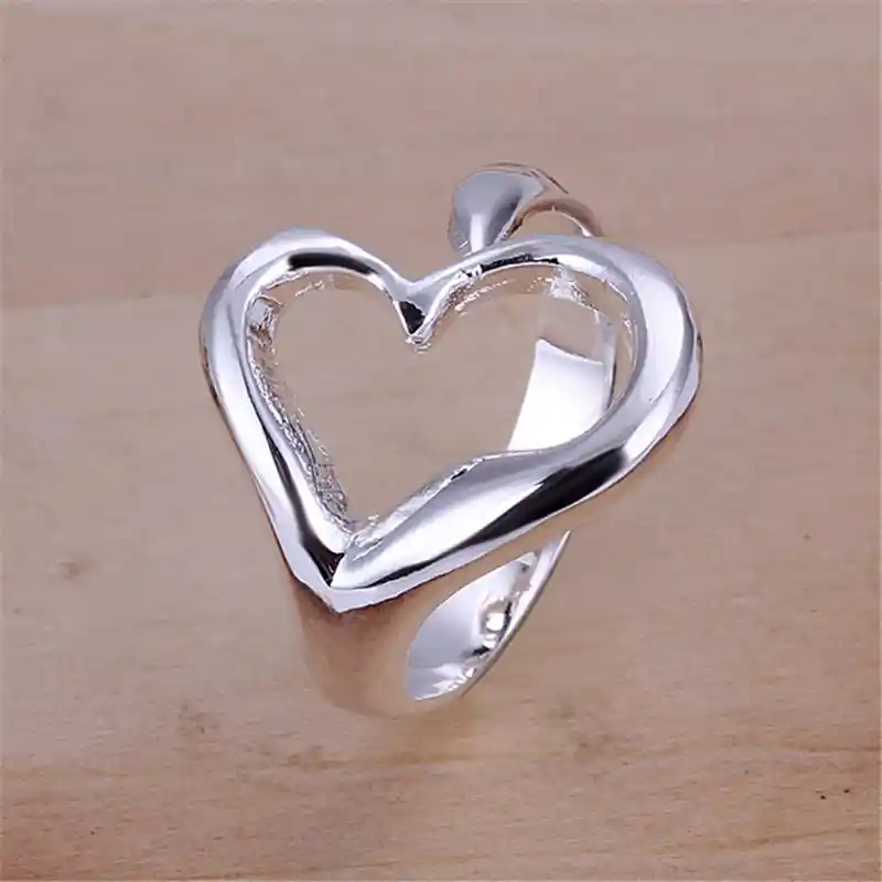 Anillo Pareja Compromiso Boda Novio Ilusiones Plata S925 Calidad Ajustable Corazón Plateado Grande