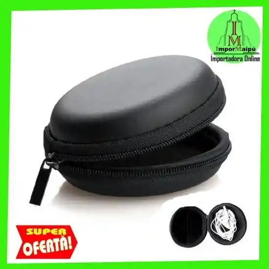 Estuche Para Audífonos U Otros Usos Bolso Case Auriculares Ecocuero Rigido Duro Resistente Cierre Negro Redondo Pequeño