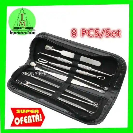 Kit Pinzas Herramientas Removedor Acne Puntos Negros Extractor Blackhead 8 Piezas Acero Inox Limpieza Facial