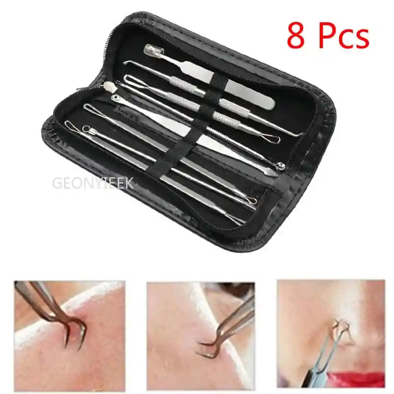 Kit Pinzas Herramientas Removedor Acne Puntos Negros Extractor Blackhead 8 Piezas Acero Inox Limpieza Facial