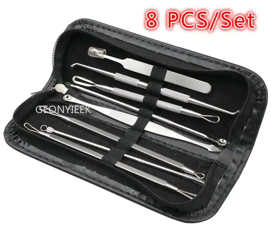 Kit Pinzas Herramientas Removedor Acne Puntos Negros Extractor Blackhead 8 Piezas Acero Inox Limpieza Facial