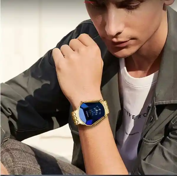 Reloj Hombre Deportivo Juvenil Hoursly Digital Analogo Cuarzo Acero Inoxidable Dorado Azul