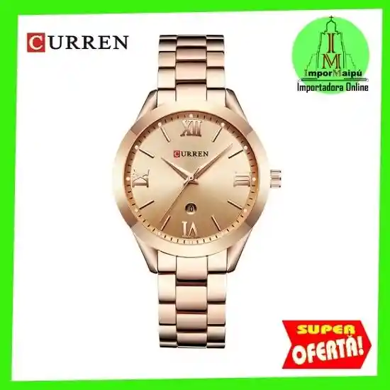 Reloj De Pulsera Dama Mujer Curren Cuarzo Correa De Lujo Acero Inoxidable Analogo Esfera Cronógrafo Dorado