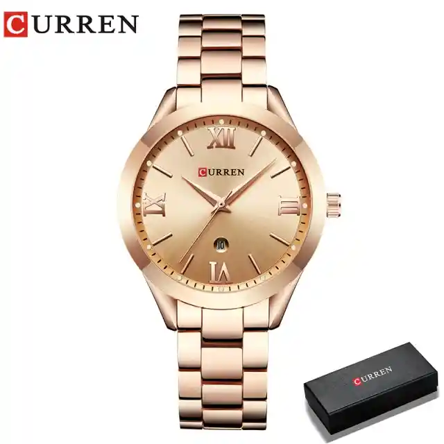 Reloj De Pulsera Dama Mujer Curren Cuarzo Correa De Lujo Acero Inoxidable Analogo Esfera Cronógrafo Dorado