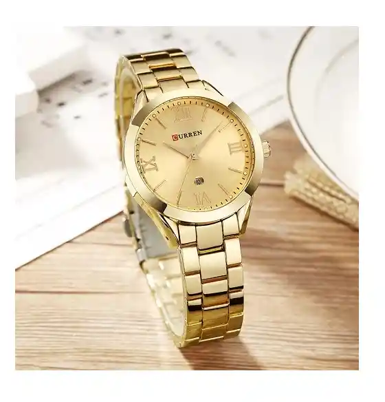 Reloj De Pulsera Dama Mujer Curren Cuarzo Correa De Lujo Acero Inoxidable Analogo Esfera Cronógrafo Dorado