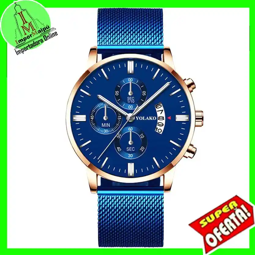 Reloj Hombre Lujo Acero Inoxidable De Malla Full Azul Con Calendario, Cuarzo Luminoso Yorlako