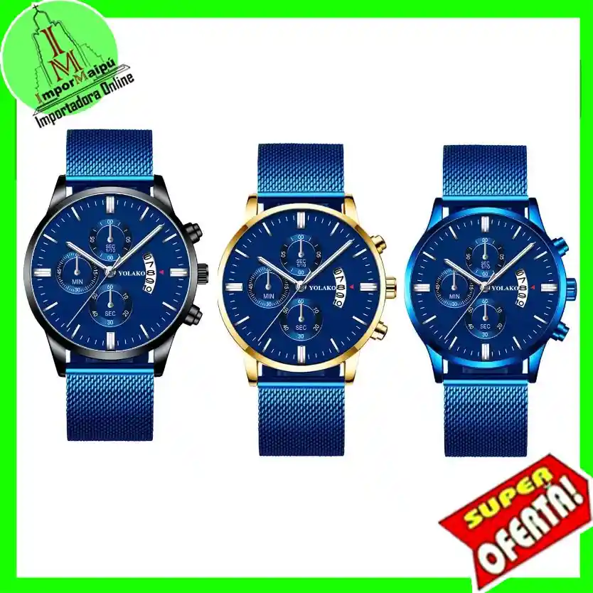 Reloj Hombre Lujo Acero Inoxidable De Malla Full Azul Con Calendario, Cuarzo Luminoso Yorlako