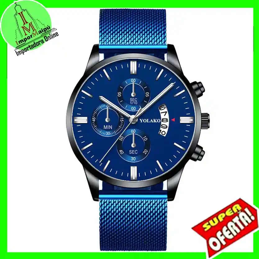 Reloj Hombre Lujo Acero Inoxidable De Malla Full Azul Con Calendario, Cuarzo Luminoso Yorlako