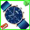 Reloj Hombre Lujo Acero Inoxidable De Malla Full Azul Con Calendario, Cuarzo Luminoso Yorlako