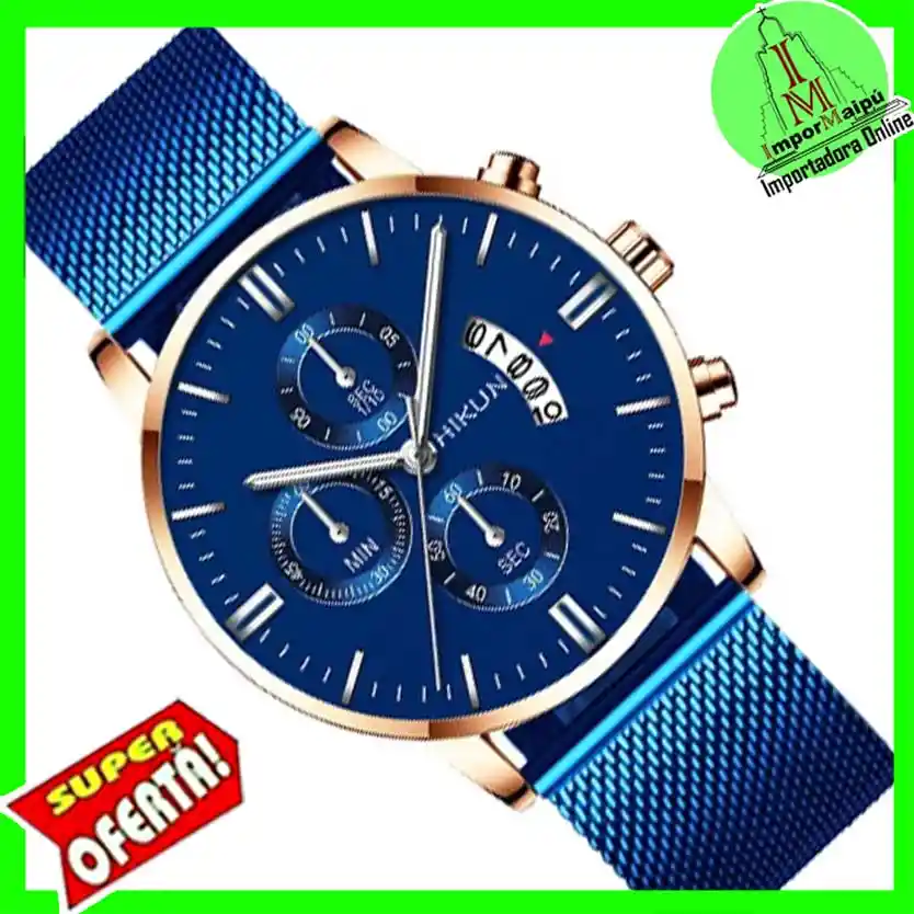 Reloj Hombre Lujo Acero Inoxidable De Malla Full Azul Con Calendario, Cuarzo Luminoso Yorlako