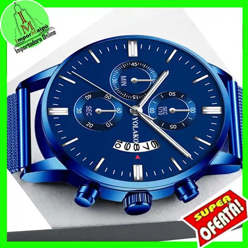 Reloj Hombre Lujo Acero Inoxidable De Malla Full Azul Con Calendario, Cuarzo Luminoso Yorlako