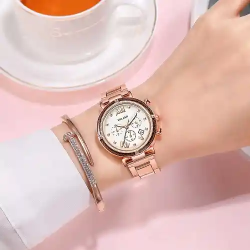 Reloj De Pulsera Dama Mujer Cuarzo Correa Acero Inoxidable De Lujo Analogo Esfera Más Pulseras Accesorios Cronógrafo Dorado