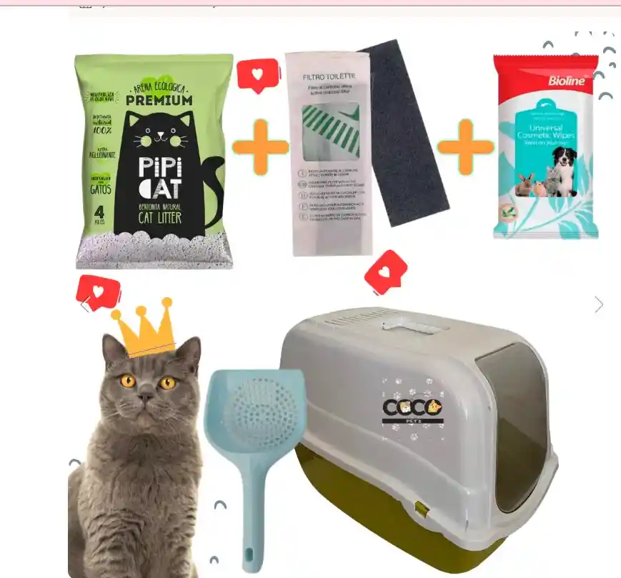 Kit Baño Sanitario Cubierto Romeo Para Gatos + Arena 4 Kg + Filtro + Pala + Toallitas Verde Oliva