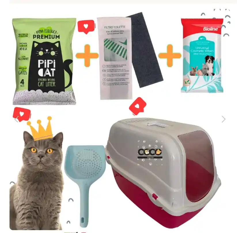 Kit Baño Sanitario Cubierto Romeo Para Gatos + Arena 4 Kg + Filtro + Pala + Toallitas Fuscia