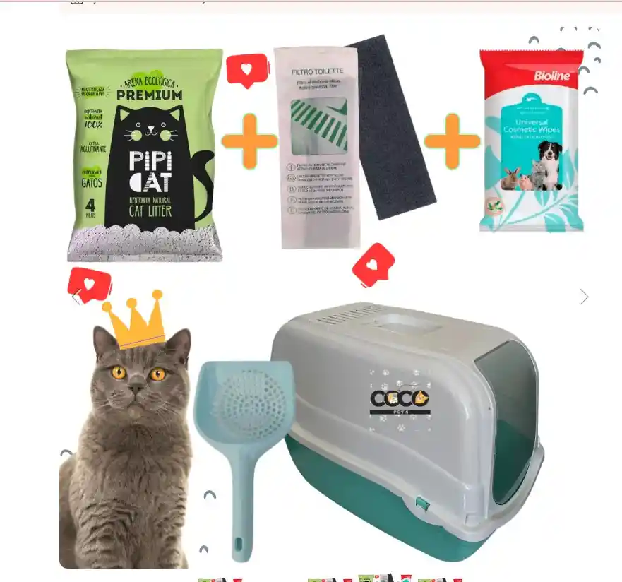 Kit Baño Sanitario Cubierto Romeo Para Gatos + Arena 4 Kg + Filtro + Pala + Toallitas Verde Menta