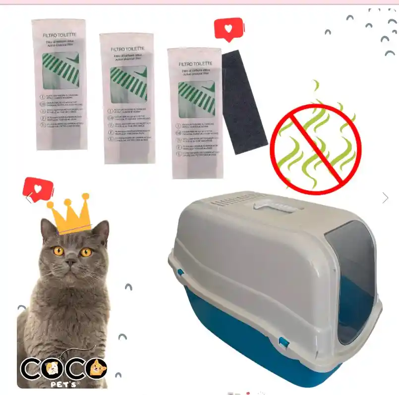 Kit Baño Sanitario Cubierto Romeo Para Gatos + 3 Filtros Celeste