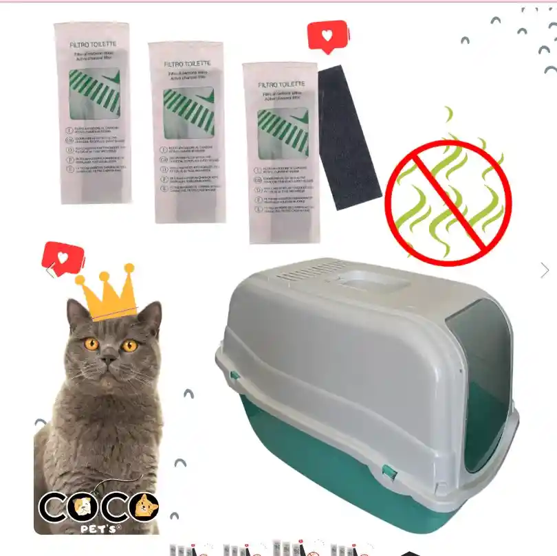 Kit Baño Sanitario Cubierto Romeo Para Gatos + 3 Filtros Verde Menta
