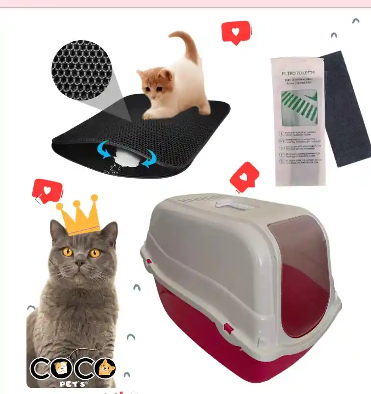 Kit 1 Baño Sanitario Cubierto Romeo Para Gatos + 1 Alfombra Atrapa Arena + 1 Filtro Fucsia