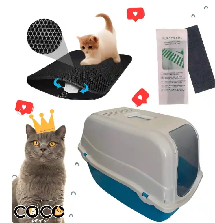 Kit 1 Baño Sanitario Cubierto Romeo Para Gatos + 1 Alfombra Atrapa Arena + 1 Filtro Celeste