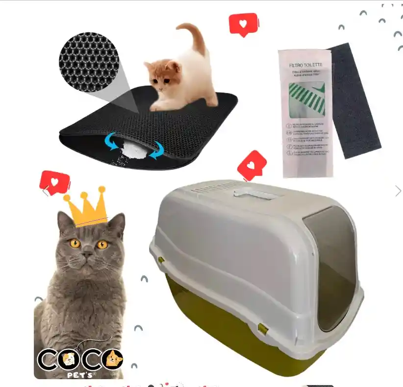 Kit 1 Baño Sanitario Cubierto Romeo Para Gatos + 1 Alfombra Atrapa Arena + 1 Filtro Verde Oliva