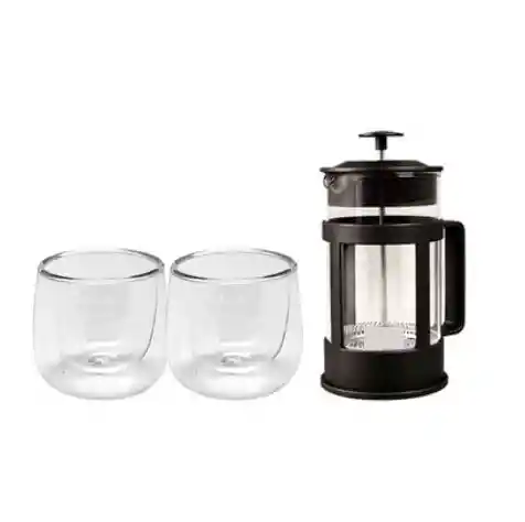 Set Taza Doble Vidrio Espresso + Cafetera Francesa