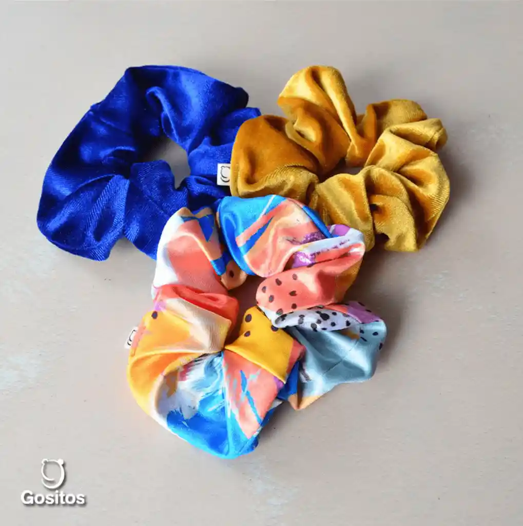 Tripack Scrunchies Dorado Azul