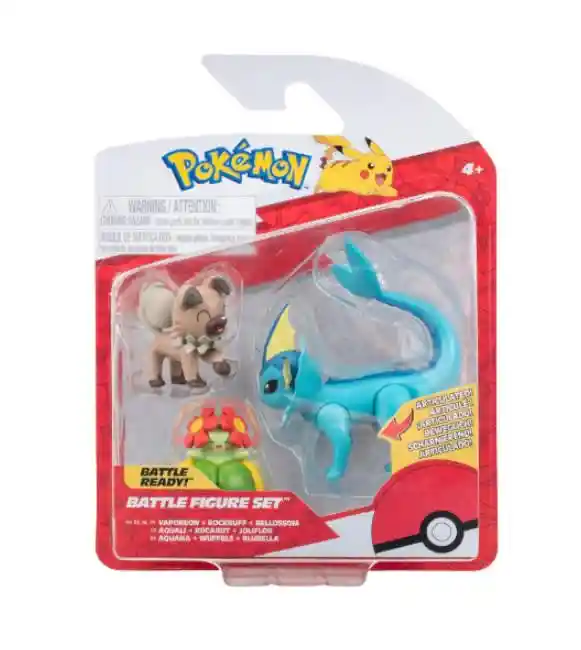 Jazwares Pokemon Battle Set Figuras 3ú. 5 A 8cm Vaporeon+ Rockruff+ Bellossom