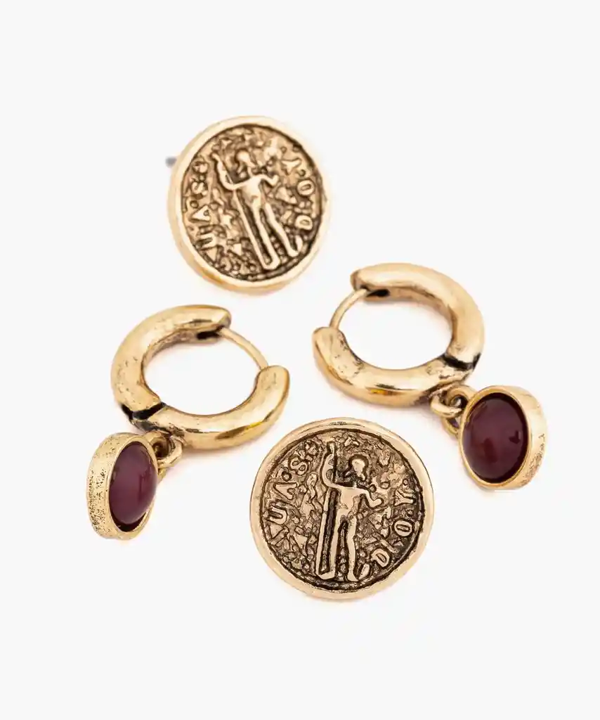 Set Aros Mujer Argollas Piedra Y Moneda Dorado