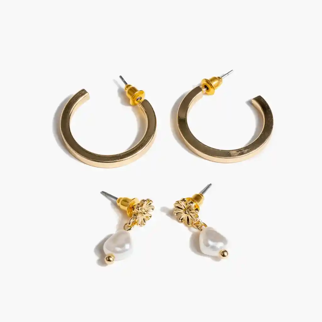 Set Aros Mujer Argollas Flor Dorado