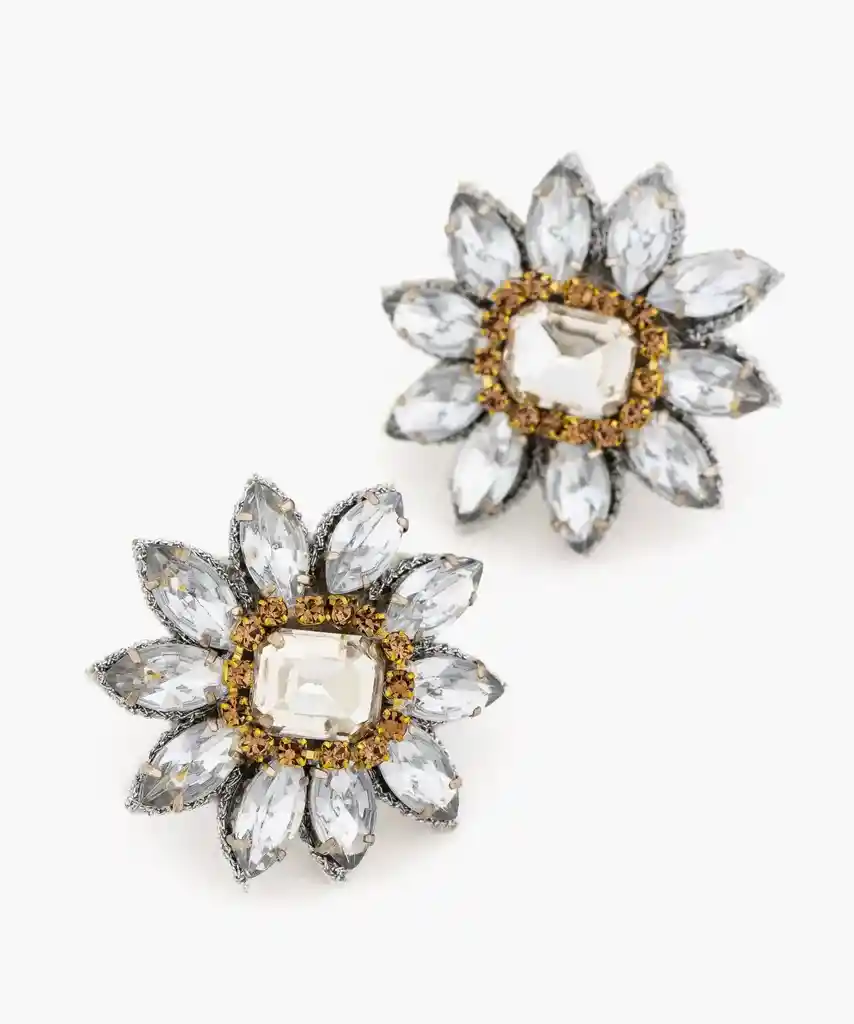 Aros Mujer Flor Con Brillantes Plateado