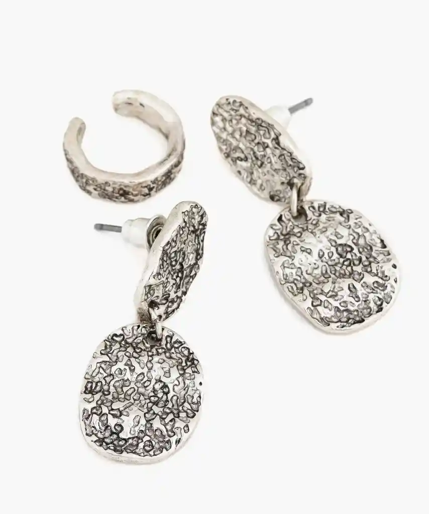 Set Aros Mujer Machacados Y Cuff Plateado