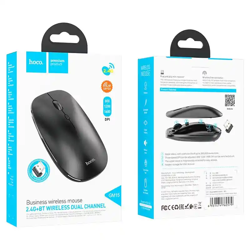 Mouse Bluetooth Y Usb Adaptador 2.4g Compacto Hoco Premium Black