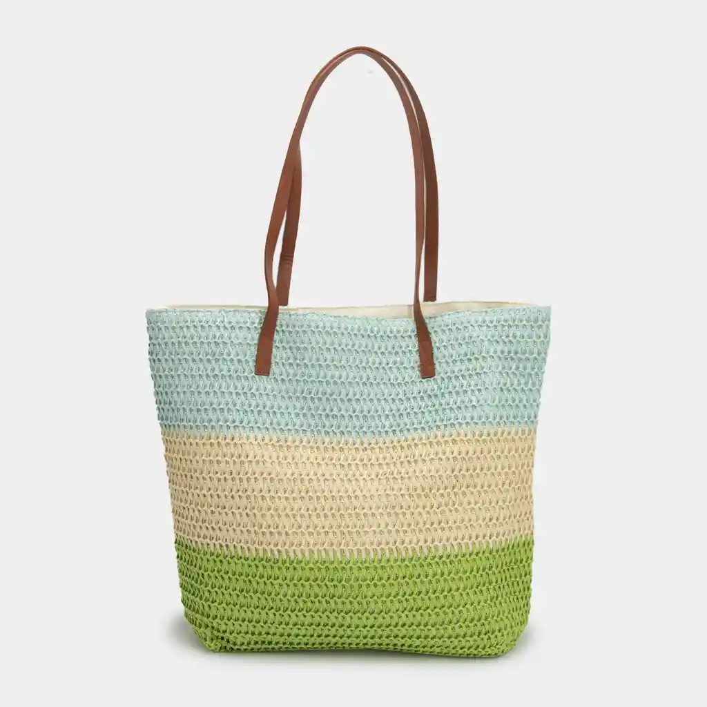 Bolso De Rafia Tricolor Celeste Con Verde