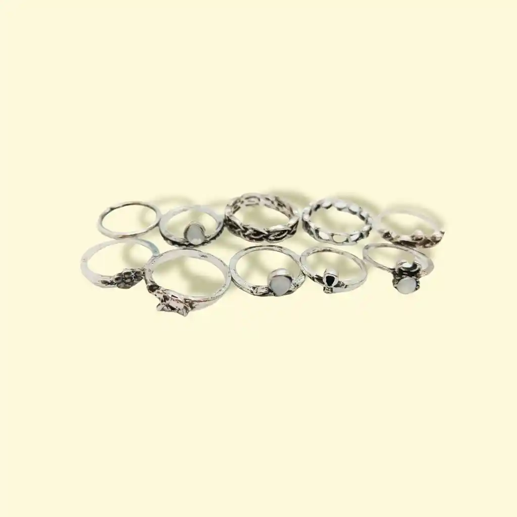 Set 10 Anillos Midi Plateados Resina Nudillos Vintage Boho