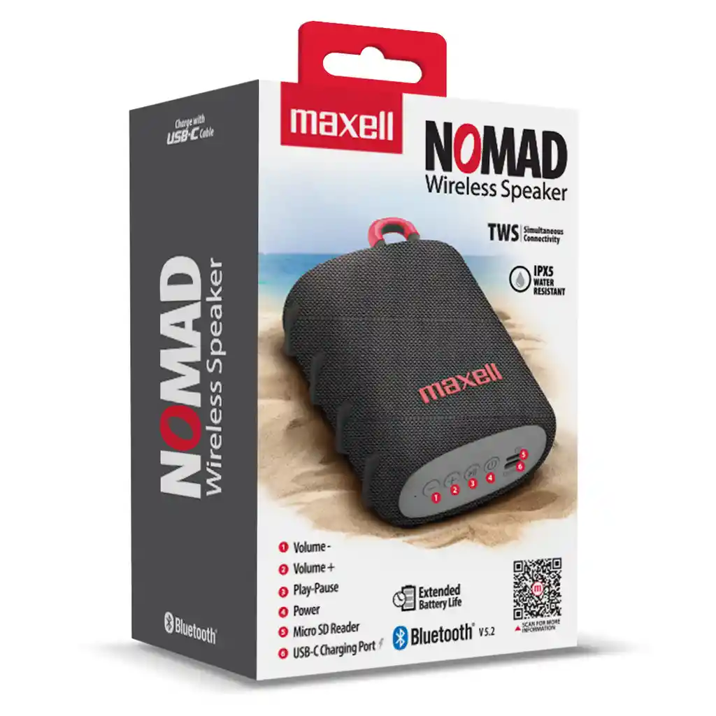 Parlante Bluetooth Portátil Maxell Nomad Tws 15 Hr Ipx5 Gris