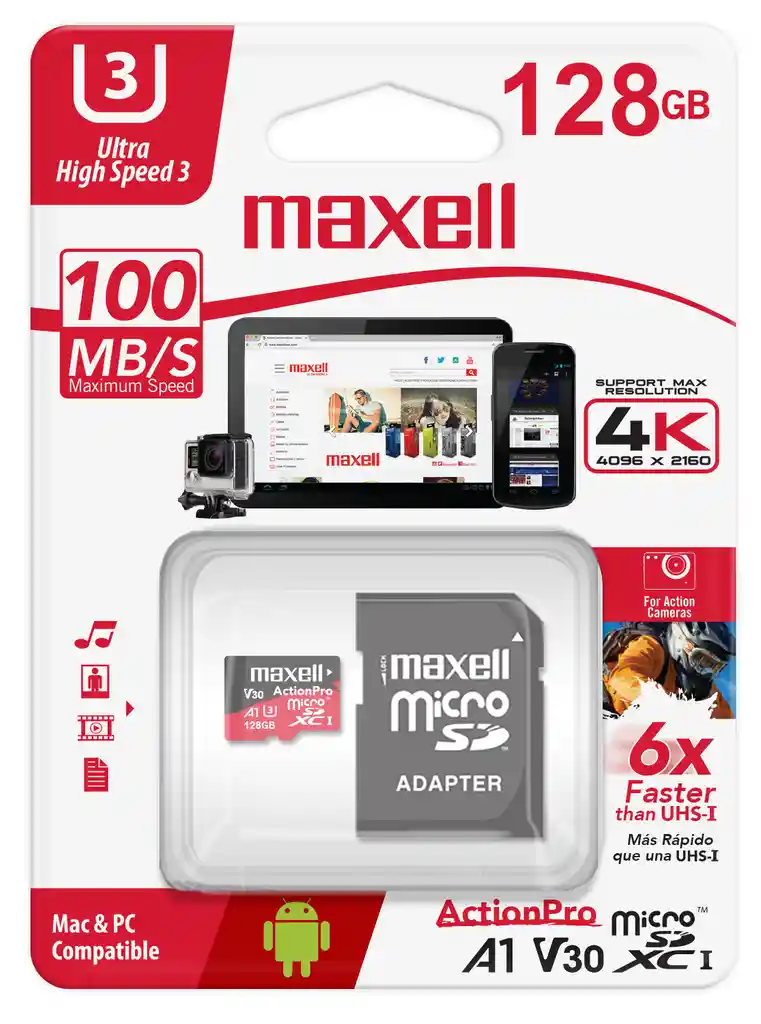 Tarjeta Microsd Maxell 128gb Uh-3 4k