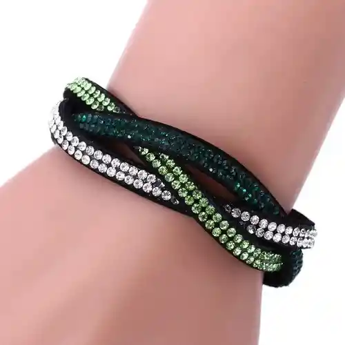 Pulsera Brazale Semi Cuero Tejido Con Brillo Strass Colores Alegriapulsera Brazale Semi Cuero Tejido Con Brillo Strass Color Verde