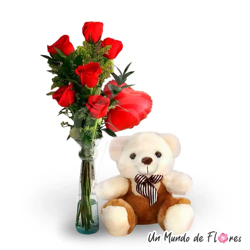 Hermoso Florero Con 5 Rosas, Globo Y Oso