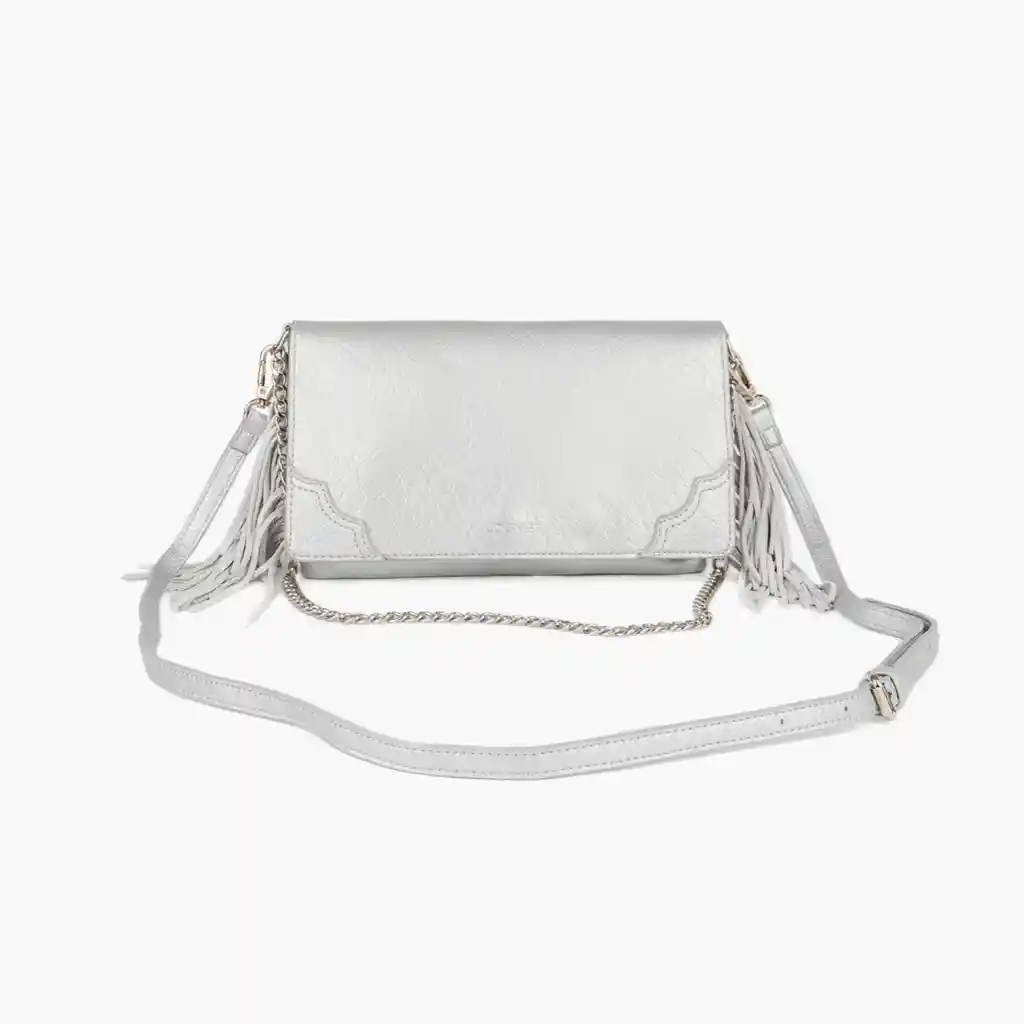 Cartera Bandolera Mujer Flecos Plateado