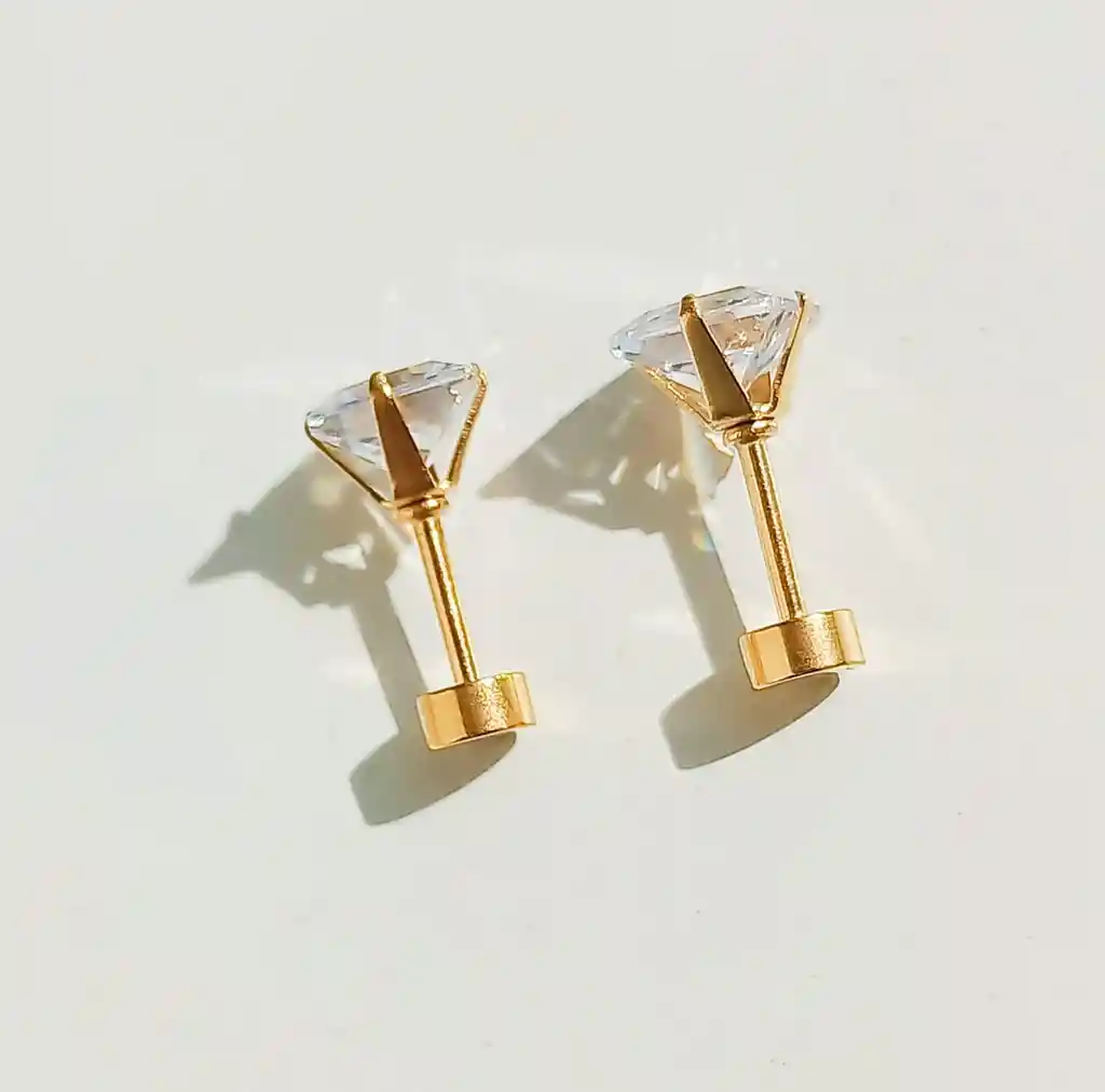 Aros Puntos De Luz Zirconio 6mm Cuadrado Chapados En Oro 18kl