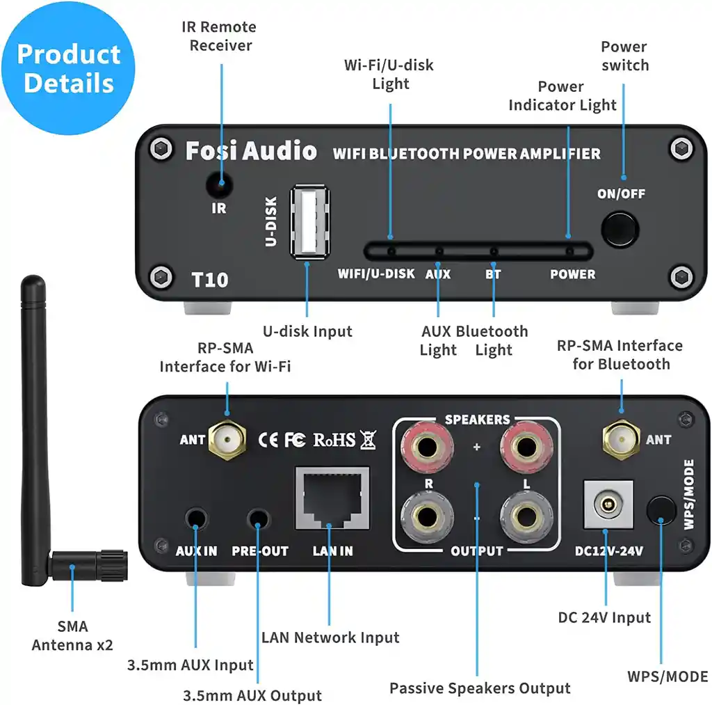 Amplificador De Audio Wifi Y Bluetooth 5.0 2x100w – Fosi Audio T10