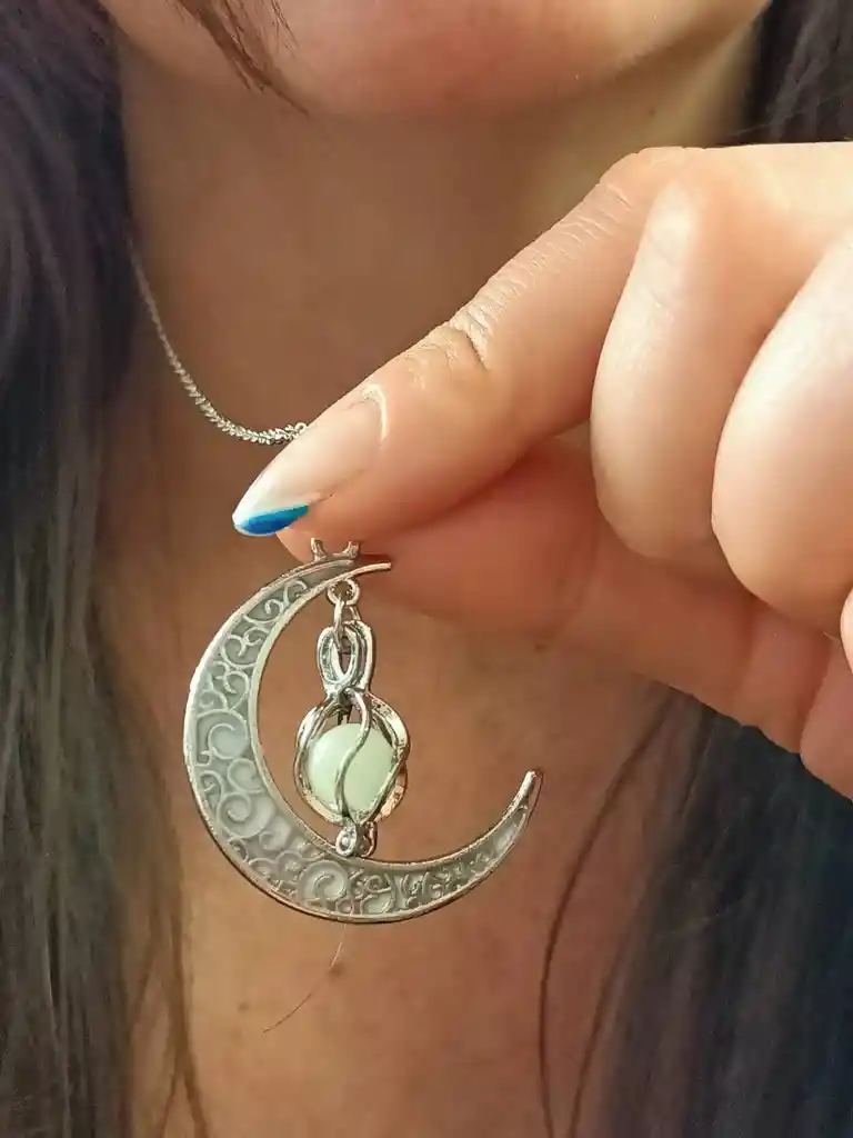 Joyería Vintage Colgante Luna Brillante Turquesa Cadena Larga