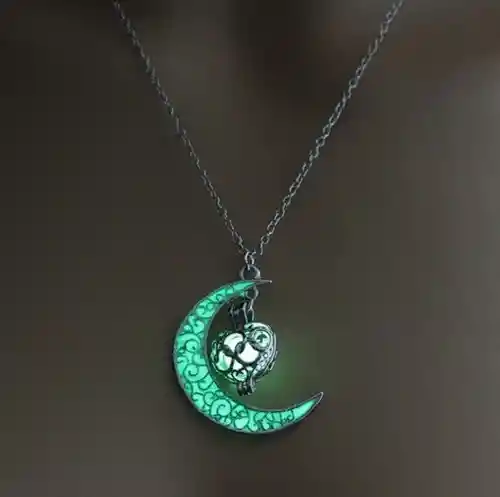 Joyería Vintage Colgante Luna Brillante Verde Cadena Larga